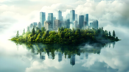 Obraz premium Cityscape Island with Foggy Reflection - 3D Illustration