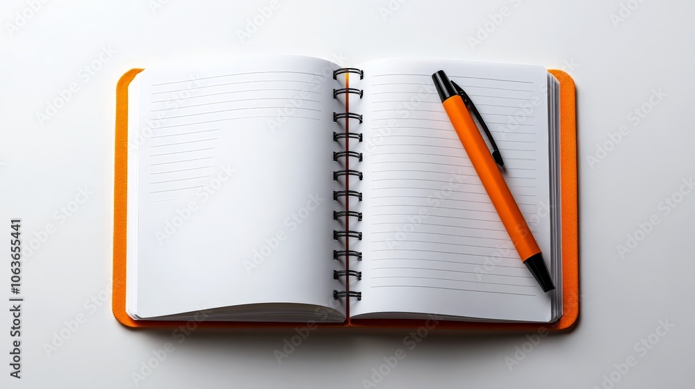 Poster orange notebook and pen: a simple, elegant and minimalist image of an open notebook with a pen lying
