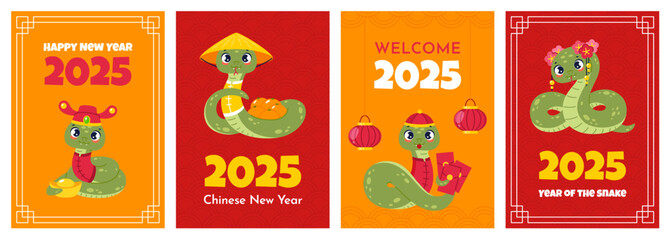 Cute snakes greeting cards. Happy 2025 new year celebration, funny animals, chinese horoscope traditional symbols, asian zodiac cartoon characters, festive posters. Vertical banners, vector set