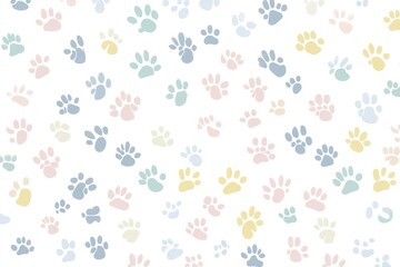 A seamless pattern of pastel-colored cat paw prints scattered across the white background, creating an adorable and playful design for pet lovers