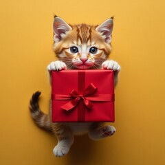 A kitten is holding a red box with a ribbon on it