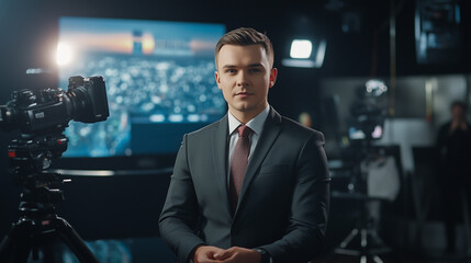 W studiu telewizyjnym przystojny mężczyzna w eleganckim garniturze na żywo prezentuje swój program.