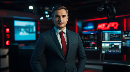 W studiu telewizyjnym przystojny mężczyzna w eleganckim garniturze na żywo prezentuje swój program.