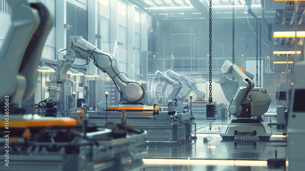 Poster futuristic smart factory with ai robots and humans in advanced electronics production