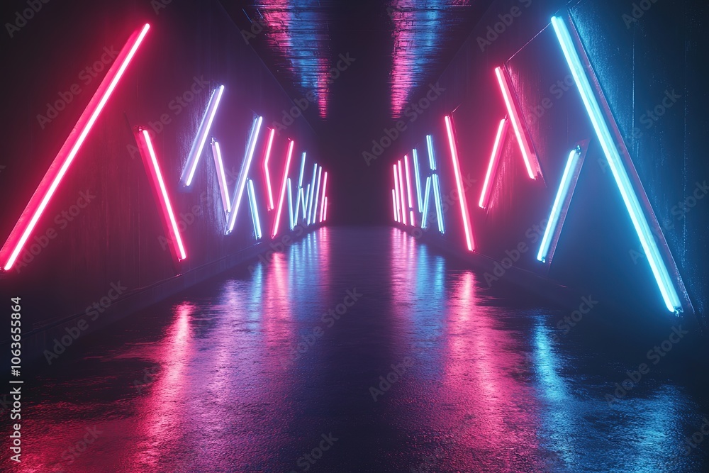 Poster glowing red and blue neon arrows on a dark background, an empty virtual space for design with light 