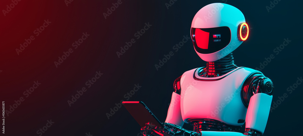 Poster futuristic robot interacting with data on device, showcasing advanced technology