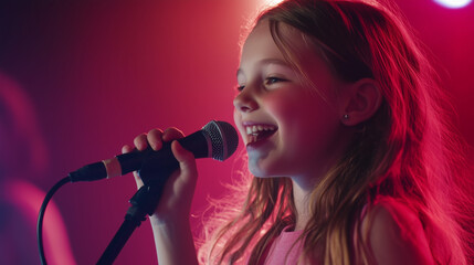Młoda dziewczyna z pasją śpiewa do mikrofonu, jej twarz pełna emocji i radości. 