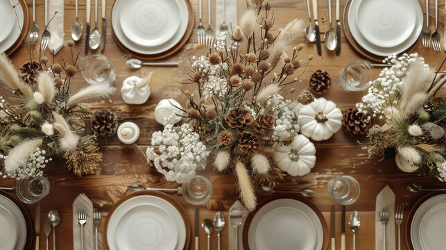 Elegant table arrangement featuring white plates and brown accents, adorned with rustic floral and pinecone centerpieces. natural elements like dried flowers and pumpkins