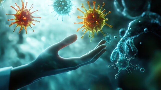 3D illustration of a patient hand reaching out to receive an infection risk report from a doctor, in a sterile, realistic medical environment with dramatic lighting