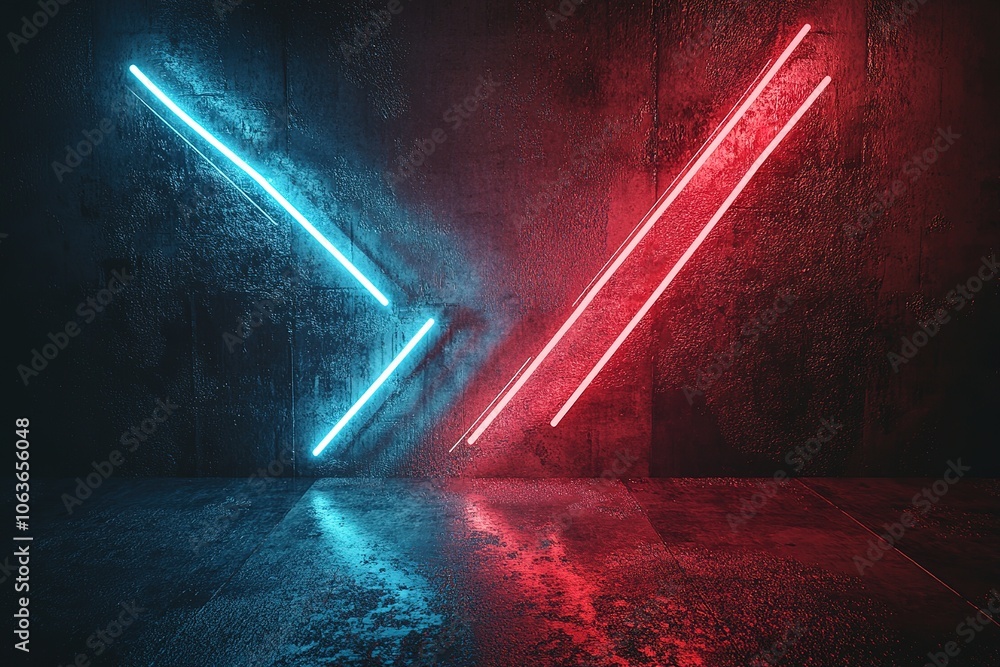 Aufkleber glowing red and blue neon arrows on a dark background, an empty virtual space for design with light 