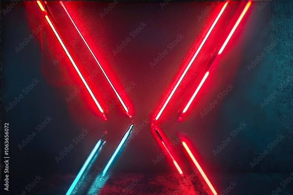 Poster glowing red and blue neon arrows on a dark background, an empty virtual space for design with light 