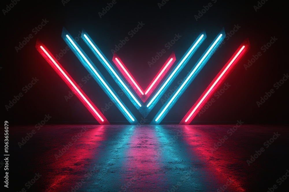 Poster glowing red and blue neon arrows on a dark background, an empty virtual space for design with light 