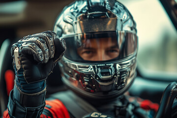 A rally driver man wearing a helmet sitting behind the car steering wheel, a Formula 1 pilot.