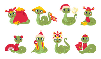 Chinese zodiac snakes. New year celebration zodiac mascots, funny cartoon festive characters, 2025 holiday symbol, cute asian horoscope animals in traditional clothes, isolated vector set