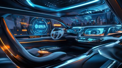 Obraz premium Futuristic car interior with city view.