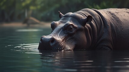 Naklejka premium A hippo gracefully swims in clear water, showcasing its large body and playful nature.