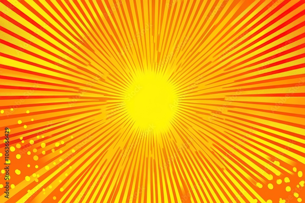 Poster a flat yellow background with halftone dots and sun rays radiating from the center, creating an ener
