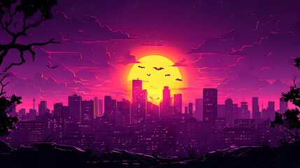 Fototapeta premium Cityscape Sunset Illustration