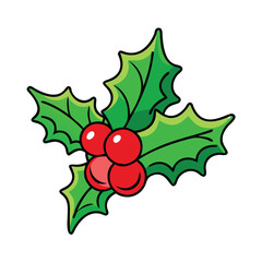 Christmas holly illustration with green leaves, Festive illustration of Christmas holly with green leaves and red berries, symbolizing holiday decoration, tradition, and seasonal cheer.