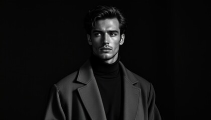 Fototapeta premium Elegant Man in Turtleneck and Overcoat, Black and White Fashion Portrait