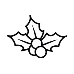 Simple black and white holly icon, Minimalist black and white outline of holly with leaves and berries, representing Christmas, holiday decor, and seasonal tradition.