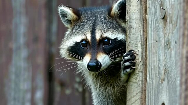 Сute raccoon peeks out from around the corner close-up. 