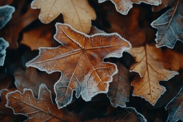 Frost Covered Autumn Leaves  Close Up Macro Photography