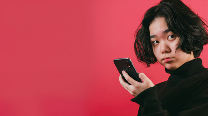 Fototapeta premium Woman with a phone in her hands on a yellow background 