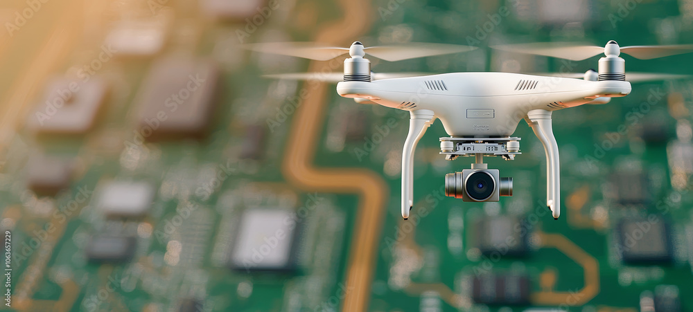 Poster autonomous drone flying over high tech computer circuit board