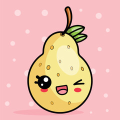 Funny pear character smiling and winking .Cute fruit vector illustration in kawaii style