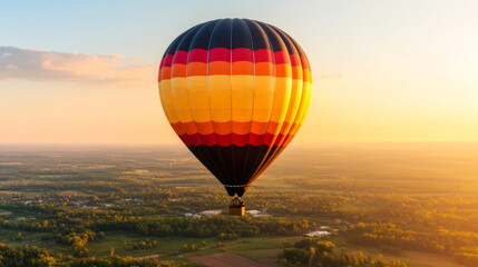 Fototapeta premium Experience the serenity of a colorful hot air balloon floating above lush landscapes at sunrise