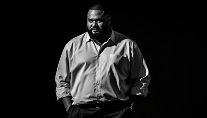 Fototapeta premium Confident Plus-Size Man in Casual Shirt, Black and White Portrait