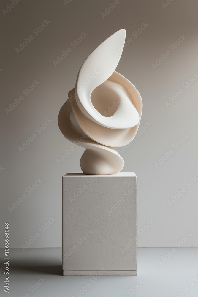 Poster modern abstract sculpture displayed on a pedestal in a minimalist gallery setting