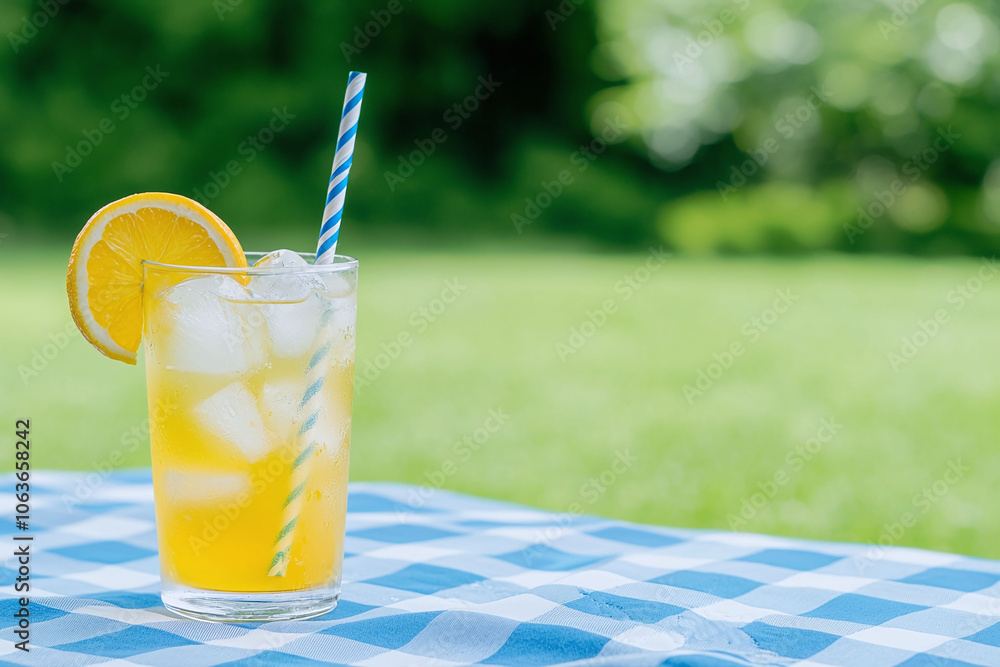 Poster freshly squeezed citrus juice with ice cubes on picnic table