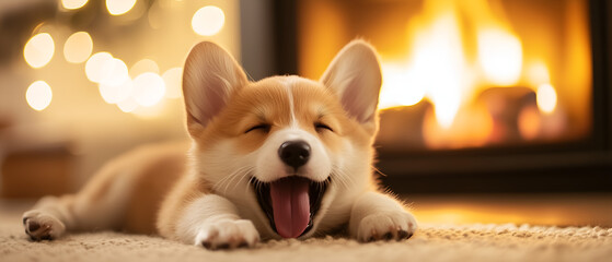 cute little yawning corgi dog sleeping peacefully at the front of cozy fireplace; copy space; concept cost of heating system in winter season, energy pricing, high costs for house owners