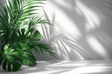 minimalistic light background with blurred foliage shadows cast on a pristine white wall creating an elegant and tranquil atmosphere perfect for modern art displays or soft inviting interiors