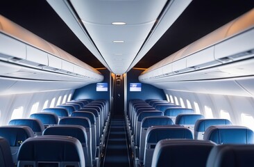 Aircraft cabin. Empty seats on board the plane with no people. Photo for the airline, articles about air transportation and travel. Concept for the tourism business.