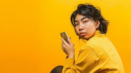 Woman with a phone in her hands on a yellow background
