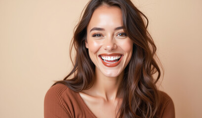 Naklejka premium Portrait of a happy woman with brown hair and brown clothes laughing