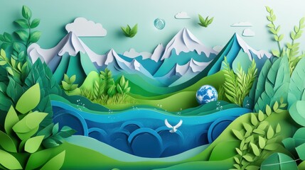 Obraz premium Ecology and world water day, Saving water and world Environment day, environmental protection and save earth water, Paper art