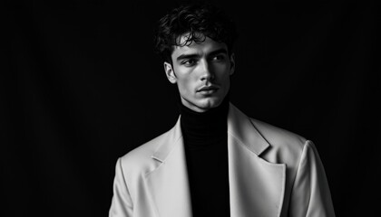 Fototapeta premium Stylish Man in Turtleneck and Coat, Black and White Portrait