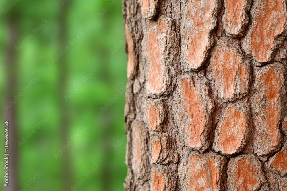 Poster close-up of rough tree bark with orange patterns, set against a soft-focus green background, highlig