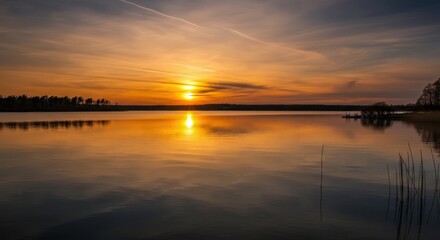 Serene lake sunset with reflective water silhouette