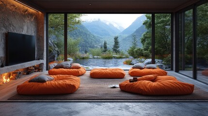 Modern living room with large windows overlooking a mountain view, fireplace, and comfortable seating.