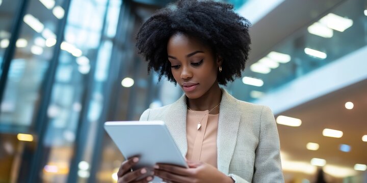 Professional businesswoman using a tablet in a modern office lobby