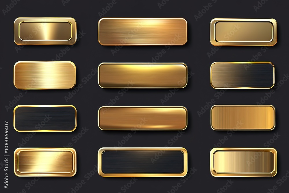 Aufkleber gold color gradient rectangle button set vector illustration on dark background, flat design, vector
