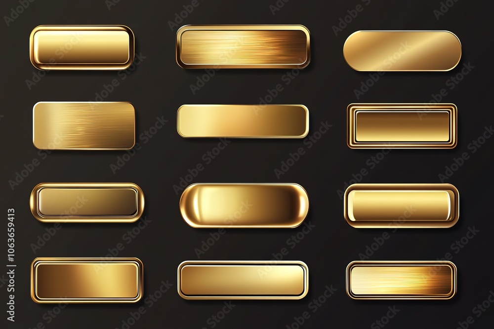 Aufkleber gold color gradient rectangle button set vector illustration on dark background, flat design, vector