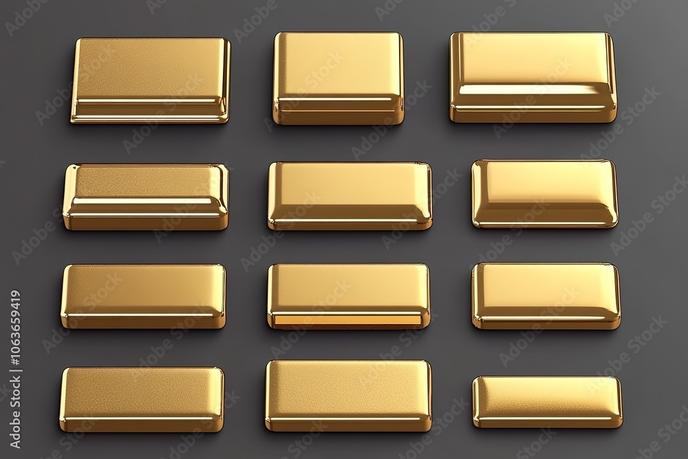 Poster gold color gradient rectangle button set vector illustration on dark background, flat design, vector