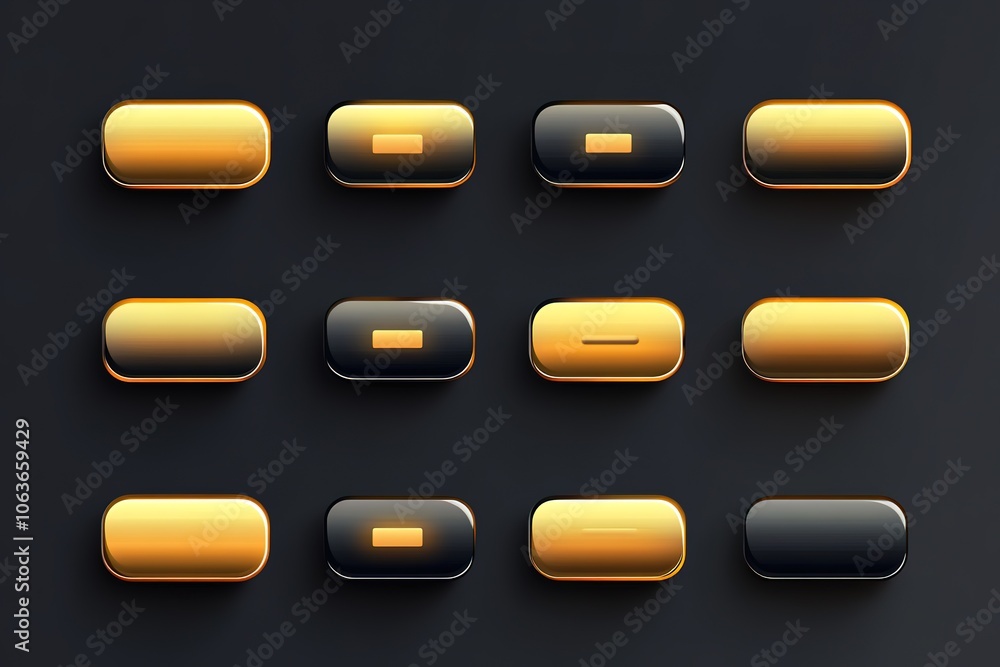 Poster gold color gradient rectangle button set vector illustration on dark background, flat design, vector