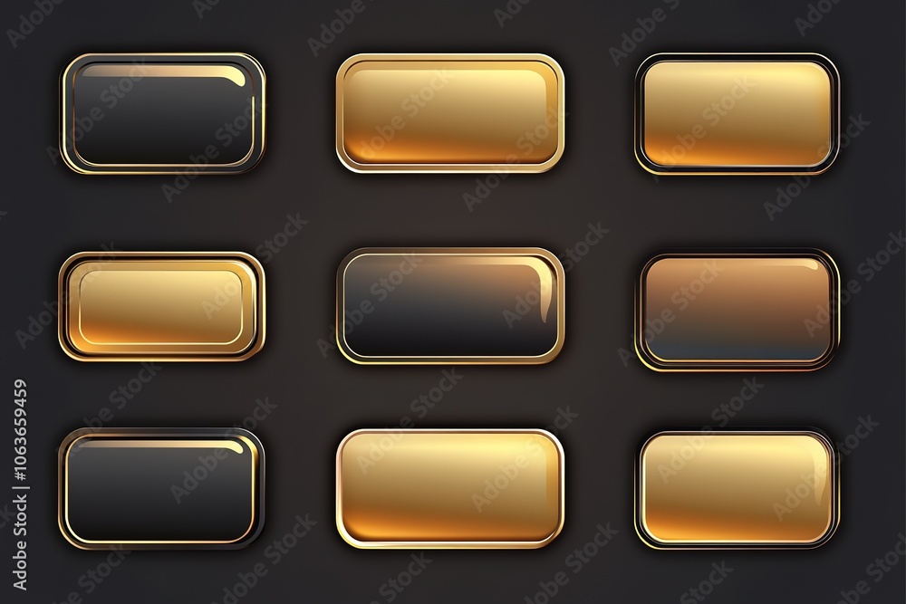 Poster gold color gradient rectangle button set vector illustration on dark background, flat design, vector